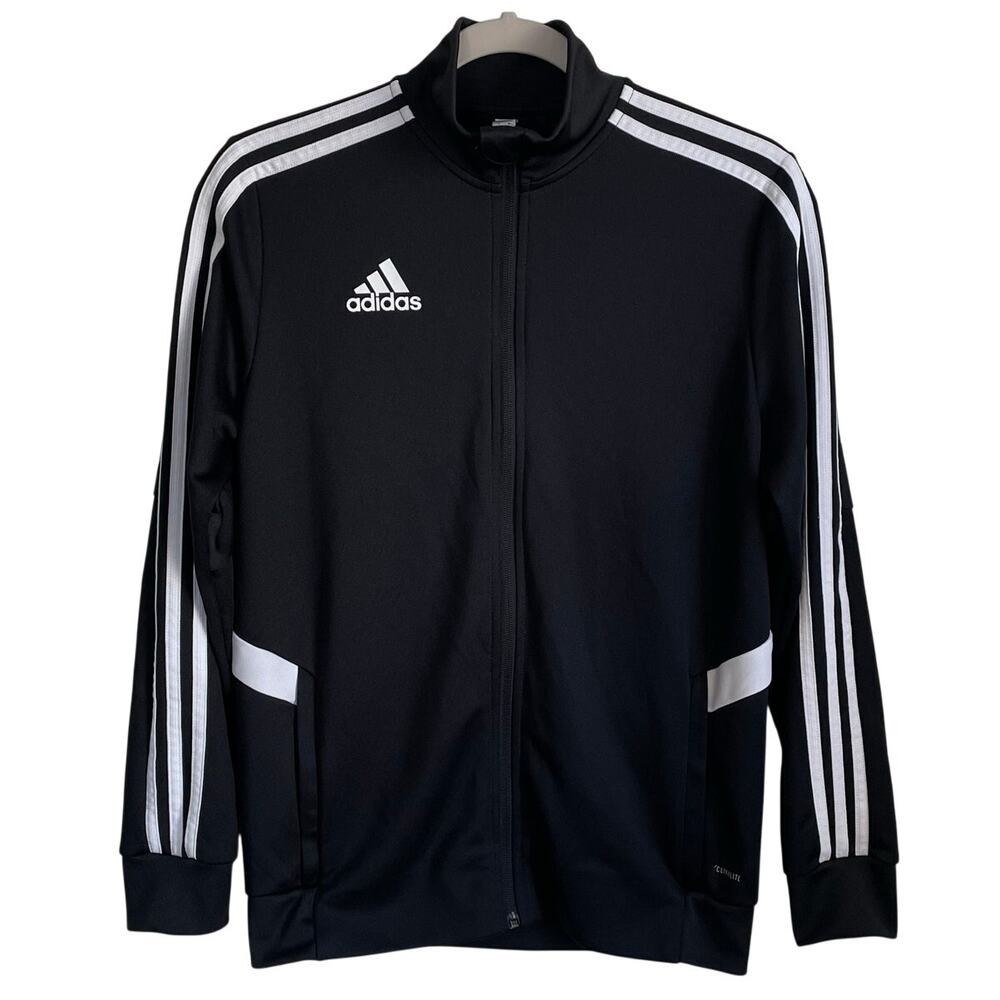 Adidas Track Jacket Boys Youth Sz L (13-14Y) Black White Logo Stripes Activewear